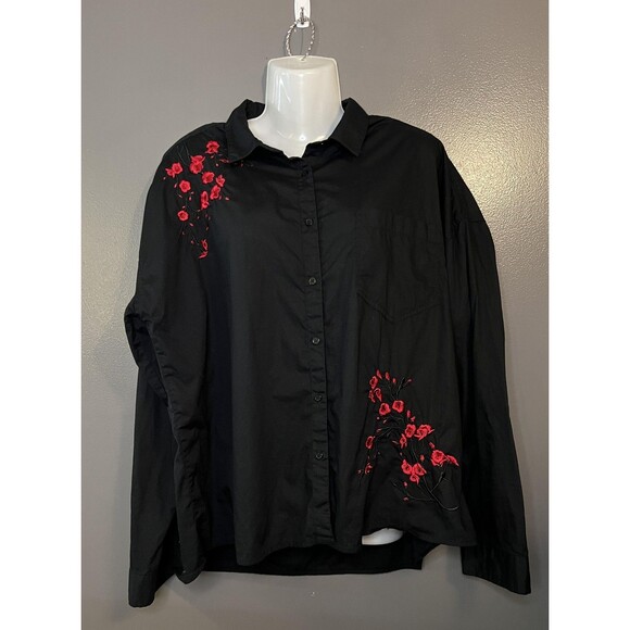 Streetwear Society Shirt Womens Large Black Embroidered Red Floral Button Up Top - Picture 1 of 7